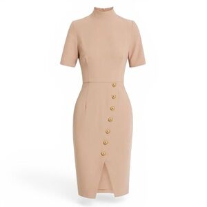 NWT, BLACK HALO Alondra Turtleneck Sheath Dress – Sand – Size 10, Ret. $345